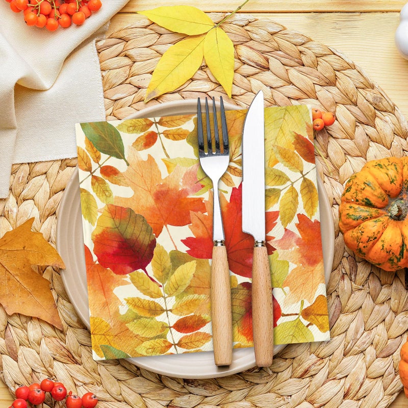 JarThenaAMCS 100 Pcs Fall Leaves Paper Napkins Autumn Maple Leaf Disposable Napkins Watercolor Luncheon Dinner Napkin for Thanksgiving Wedding Birthday Party Table Supplies - Image 5